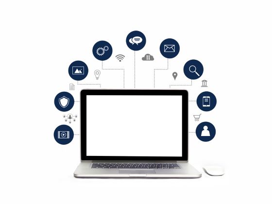 a laptop with different marketing and development icons